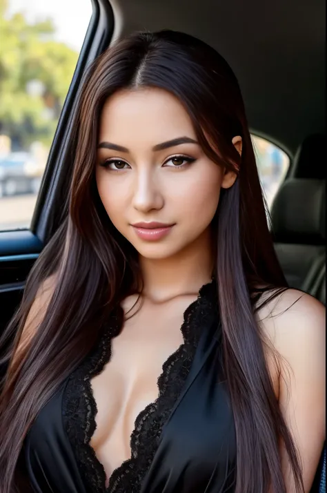 Masterpiece, 8k, Beautiful realistic Turkish Instagram female model, Beautiful realistic face, Create a captivating Fashion model-inspired artwork featuring a stunning Turkish fashion model, The Model sits in the car, front view, adorned in elegant Turkish...