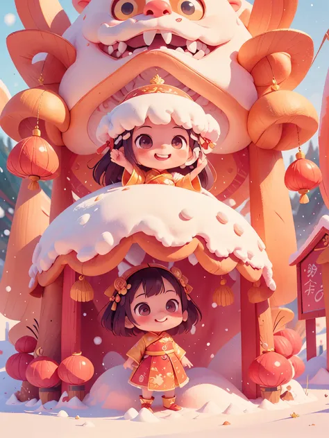 A cute chibi character wears traditional Chinese clothing to welcome the winter solstice festival,, She had a smile on her face, Snow scene as background. high quality, Detailed 3D illustration of traditional Chinese festival, Happy girl in festive clothes...