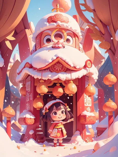 A cute chibi character wears traditional Chinese clothing to welcome the winter solstice festival,, She had a smile on her face, Snow scene as background. high quality, Detailed 3D illustration of traditional Chinese festival, Happy girl in festive clothes...