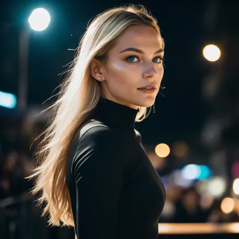 (side angle, tout le corps), Watch a presentation on the table, Photo portrait RAW UHD d&#39;une blonde de 24 ans (Schwarze Paillettes-Leggings), (cut), details (tissu! , son! , Paillettes, Couleur!! , Disadvantages: 1.1), Brilliant eyes with a high level ...