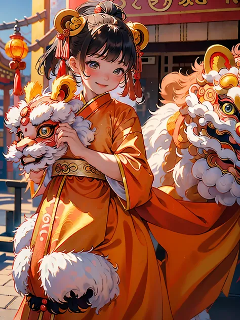 dream to be((lion dance girl))of cute girls, ((preschool))，装扮成lion dance girl，wear(((Hanfu robe))), background：Chinese style buildings and red lanterns around，smiling, (masterpiece: 1.2) (actual: 1.2) (Bokeh) (best quality) (delicate skin: 1.3) (intricate ...