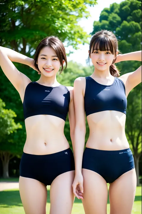 2 girls with knee up in park,white plain school gym shirt with navy blue trim,navy blue speedo briefs,18-year-old,bangs,a little smile,thighs,knees,short cut hair,low ponytail,from below,front-lighting