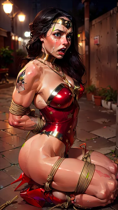 ((superheroine wonder woman is a filthy old whore, current standing, in the dirty alley,  at night), ((emotional expression,expr...