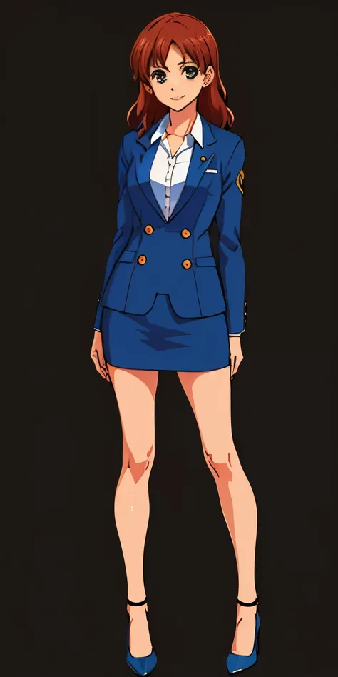 woman, brown hair, wavy hair, hazel eyes, very detailed, smile, dark blue blazer, white blouse, Dark blue knee-length pencil skirt, exposed legs, black high heels, full body shot, Same pose, matching outfit, same outfit, twin sisters