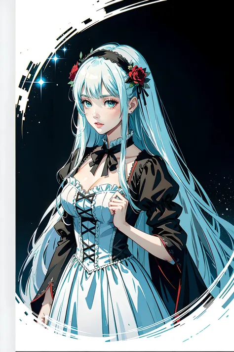 anime vampire princess, long white hair, gothic style, roses in hair, dark black eyelashes, white glow irises, light blue dress,...