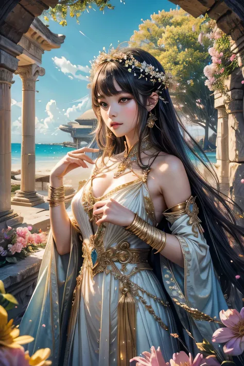 High resolution、beautiful girl、The world in a dream、a paradise、A shining world、sad expression、eyeliner、tied length hair、Intelligent girl、length、Ancient costumes、Ancient world、Colorful world、blooming flowers々