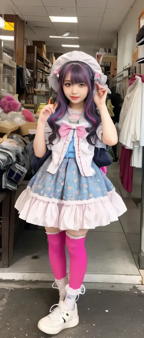 dream female idol、whole body、good style、colorful hair、、、、、trash lolita fashion、Covered with junk