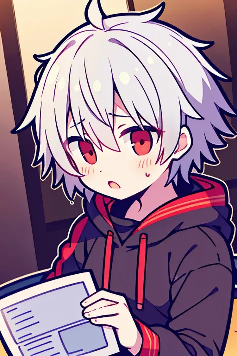 (One Boy)、((young))、((short gray hair))、white hair、red eyes、red eyesの少年、messy hair、surprised expression、Sweat、blush