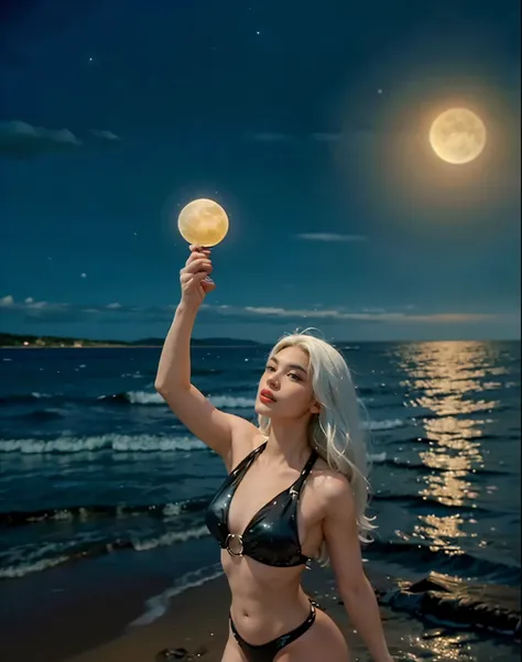 there is a woman in a bikini standing in the water, ((white hair)) refracted moon on the ocean, holding a sea shell, ☁🌪🌙👩🏾, in front of a full moon, in front of a pale full moon, with full moon in the sky, moon goddess, photo taken at night, with the moon ...