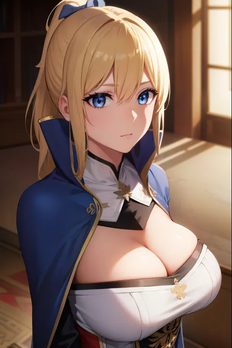 jeangunnhildr, jean, blonde hair, blue eyes, hair between eyes, medium hair, ponytail,
BREAK black gloves, blue capelet, capelet, cleavage, corset, detached sleeves, gloves, pants, strapless, white pants,
BREAK indoors, castle,
BREAK looking at viewer, upp...