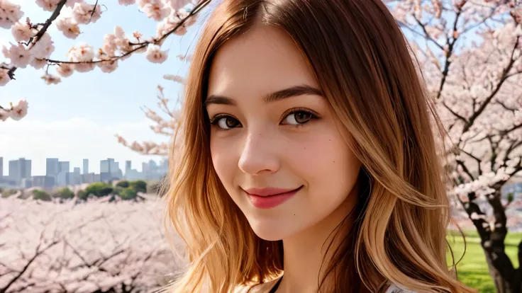 Instagram pictures, French Girl, Shoulder length hair, Has light blonde hair, Close-up photo, Take a walk in the park with cherry blossoms, Japan, smile a little,