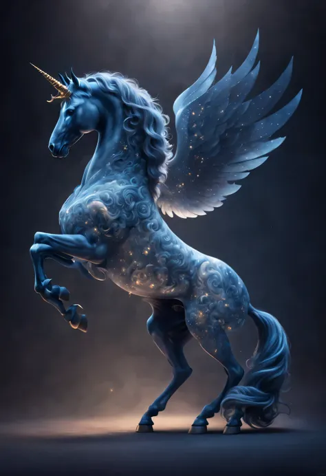 Double exposure surreal art style, (The huge body of the translucent blue unicorn blends with the graphic symbols of the 12 Western zodiac signs.),
A creature with a spiral horn on its forehead and two huge wings, Unicorn heads are usually very elegant and...