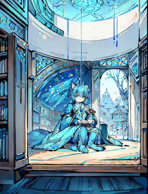 a white cat，Handheld scrolls，blue colored armor，Blue longsword，blue pupils，cool color，map，flowing robe，clear blue sky，paper on the table，read a book，sit on carpet，bookcase，Gorgeous carpet，gorgeous costumes，Lovely Shota，看着map，boy，看着map，