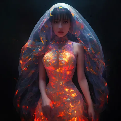 there is a woman with a veil and glowing body in a dark room, beeple and james jean, 3 d neon art of a womens body, beeple and alphonse mucha, beeple art, beeple daily art, beeple. hyperrealism, james jean and wlop, psychedelic organic cyborg, jellyfish pr...