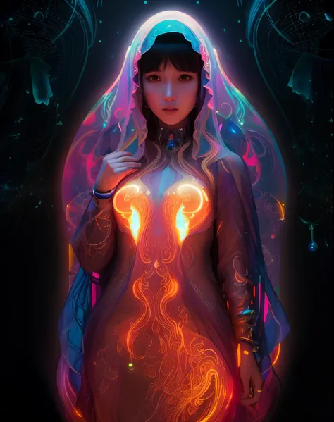 there is a woman with a veil and glowing body in a dark room, beeple and james jean, 3 d neon art of a womens body, beeple and alphonse mucha, beeple art, beeple daily art, beeple. hyperrealism, james jean and wlop, psychedelic organic cyborg, jellyfish pr...