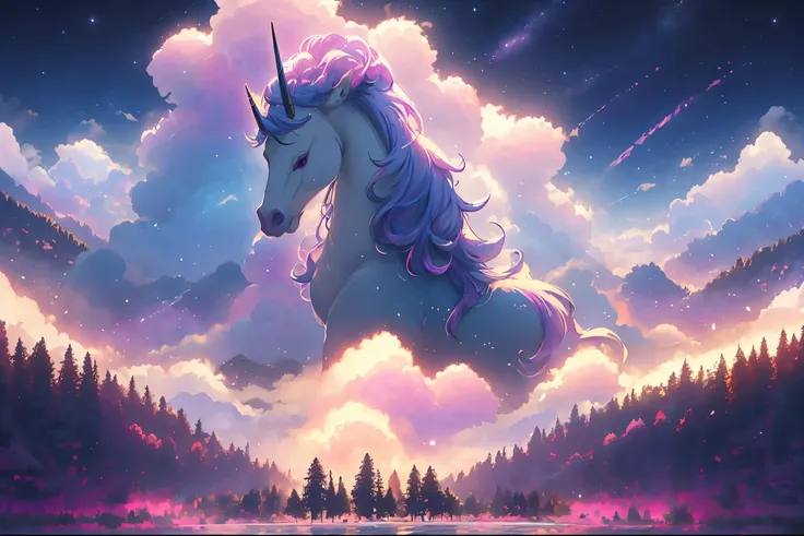 a magical unicorn in a dreamy purple forest,fluffy clouds, ethereal, vivid colors,ultra-detailed,highres,masterpiece:1.2, hdr,st...