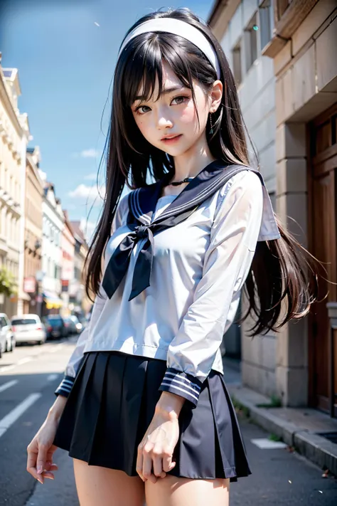 Body 8 times longer than head, (High-definition CG Unity 8K), (highest quality)，(very detailed)，(ultra high resolution), black hair, sailor suit, 紺色のsailor suit, sailor suitを着た女子高生, Dark blue skirt, anime 2d rendering, realistic young , ((white headband)),...