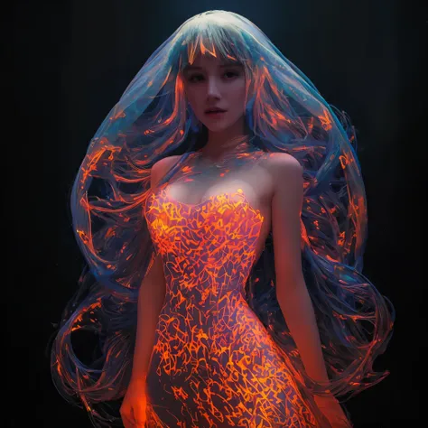 there is a woman with a veil and glowing body in a dark room, beeple and james jean, 3 d neon art of a womens body, beeple and a...