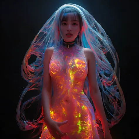 there is a woman with a veil and glowing body in a dark room, beeple and james jean, 3 d neon art of a womens body, beeple and alphonse mucha, beeple art, beeple daily art, beeple. hyperrealism, james jean and wlop, psychedelic organic cyborg, jellyfish pr...