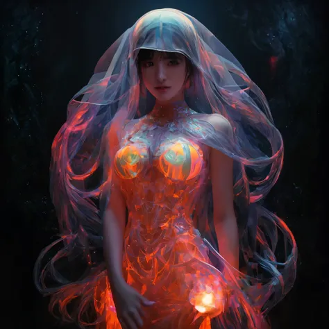 there is a woman with a veil and glowing body in a dark room, beeple and james jean, 3 d neon art of a womens body, beeple and a...