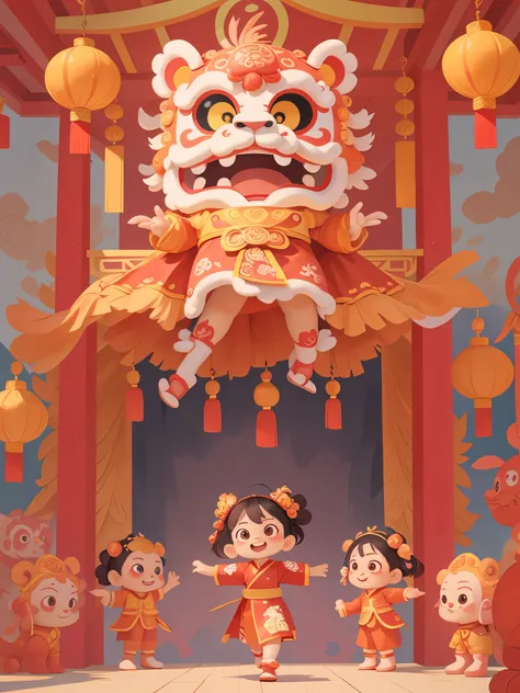 The picture shows a wonderful Chinese lion dance performance。The stage set faces the traditional courtyard，Big red lanterns hung high。center of picture，The majestic lion dance performance is ready。it is tall and powerful，covered in red fur，Body decorated i...