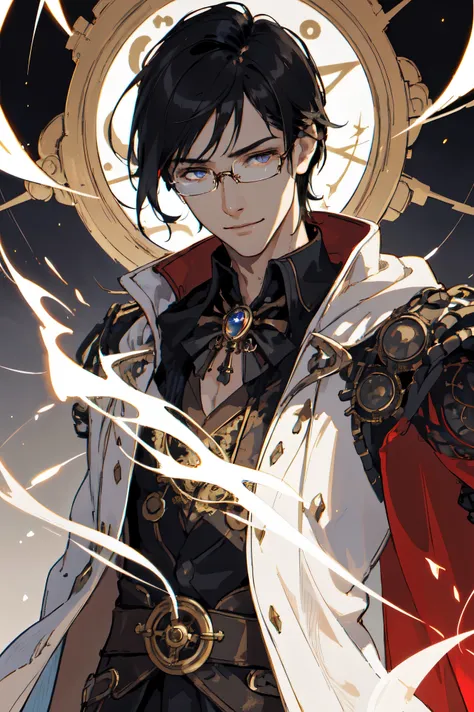 masterpiece, best quality, 1 male, young, tall muscular, handsome, finely detailed eyes, intricate details, black hair, (style-swirlmagic:1.0), smile, solo, upper body, detailed background, detailed face, (steampunk theme:1.1) good sorcerer, color magical ...