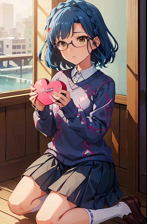 yuriko nanao (million live), 1 girl, Solo, Cute Girl, Best Quality, Ultra-detailed, 8K, High resolution, Detailed face, Bob Hair, (((embarrassed:1.2, blush, holding a small box, heart shaped box))), ((wearing glasses, blue sweater, Argyle sweater, short sl...