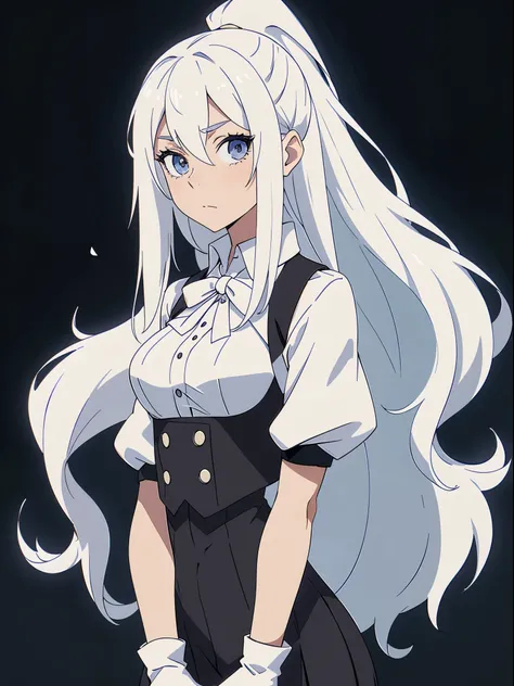 ((White hair)),((Head and Shoulders Image)),(super-long hair),Sexy,A person,Alone,Simple style,pancake ,Simple details,Black background,Empty background,Black background wall,(20 year old woman),(Cotehardie),(White Gloves),Lace Shirt,Waistcoat,((Shy))