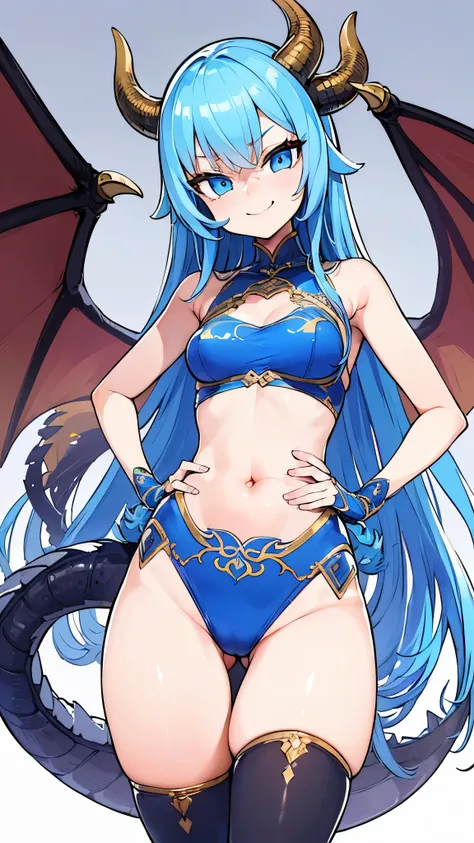 {best quality},{highly detailed},{ultra-detailed},masterpiece,1girl，solo，(blue eyes)，(loli)，((long blue hair)，(((beautiful girl))),((Dragon image))，((Behind him are dragon wings and tail)),((Blue wings))，((blue tail)),Blue armor，There are thick dragon horn...