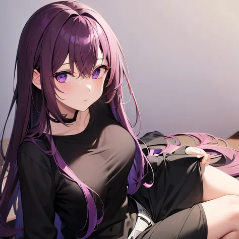 1 girl, long brown hair with purple tips, light purple eyes, wearing black T-shirt and black pants, purple and black shoes, absurdres, highres, ultrasharp, 8K, masterpiece, looking at viewer, good quality, beautiful face