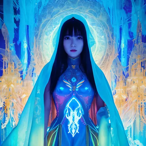 there is a woman with a veil and glowing body in a dark room, beeple and james jean, 3 d neon art of a womens body, beeple and alphonse mucha, beeple art, beeple daily art, beeple. hyperrealism, james jean and wlop, psychedelic organic cyborg, jellyfish pr...