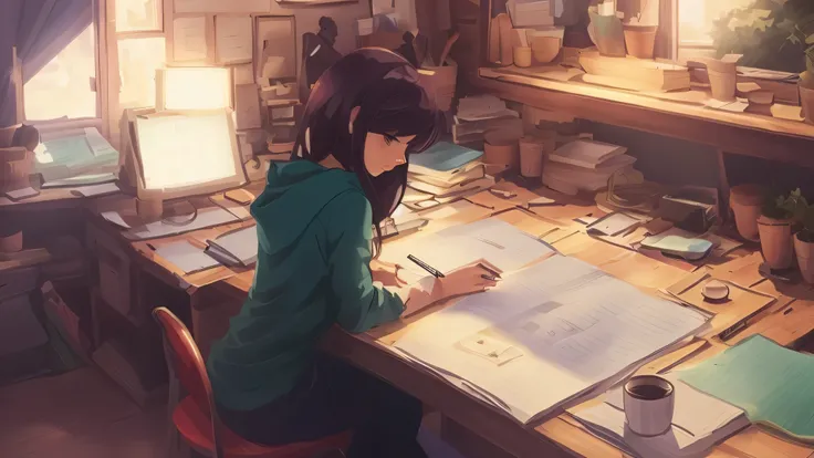 Anime girl sitting at a desk and writing on paper, studio glibly makoto shinkai, makoto shinkai&#39;art style, makoto shinkai Style, makoto shinkai&#39;Style, ( ( makoto shinkai ) ), conrad roset and makoto shinkai, makoto shinkai. — 2160 hours