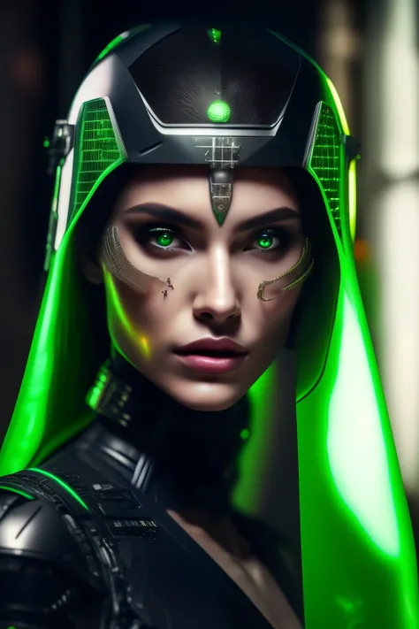 A womans face, enclosed in a transparent helmet with intricate green LED details, is the focal point of this ultra-realistic, cinematic image captured in 4k resolution. The black vignette surrounding her accentuates the stark contrast of her features, crea...