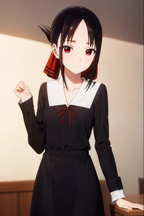 kaguyashinomiya, kaguya shinomiya, short hair, bangs, black hair, (red eyes:1.3), hair ribbon, sidelocks, folded ponytail, (part...