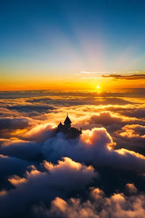 ancient city、at the top of the mountain、sea of clouds、fantastic scenery、sunset、Mysterious、