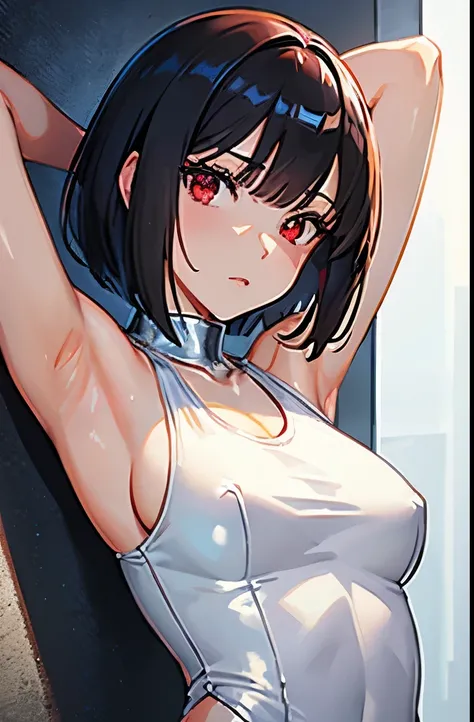 masterpiece, Best Quality, Highly detailed,
1girl,Metallic White Silver Tank Top, latex shiny, Red interpolation color,Black Hair, Bob cut,Red Eyes,Sweat