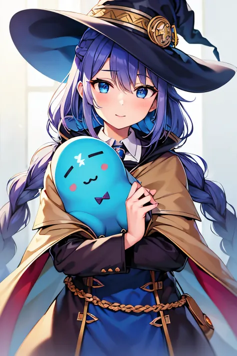 (best quality), (masterpiece), ((beautiful:0.75) cute girl:0.75), [clear and clean] pixiv (illustration), (roxy migurdia:1.25), blue eyes, blue hair, bangs, brown cape, witch hat, braid,  