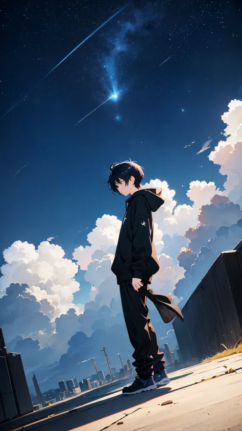 Boy in a black sweatshirt, straight hair loose in the wind, moving details, looking at the sky. Starry blue sky, urban ground background. Anime style, cinematic, low angle, 4k, illustration, sharp outline, particles, detail, art 