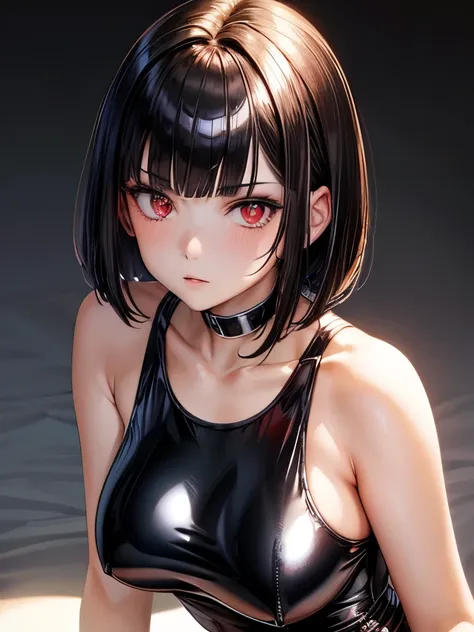 masterpiece, Best Quality, Highly detailed,
1girl,Metallic White Silver Tank Top, latex shiny, Red interpolation color,Black Hair, Bob cut,Red Eyes,Sweat