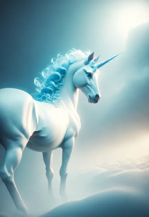 Stylish photography style, 3D rendering of Greek unicorn with white body and blue horn. mystery, ethereal, elegant, noble,,A beautiful painting by wlop,Modern art,Magical Realism,dreamlike realism,Imagined,ethereal, by Tammy Bohn, mystery气氛,reflective atmo...