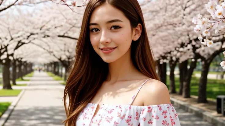 Instagram pictures, French Girl, Shoulder length hair, Has light blonde hair, Close-up photo, Take a walk in the park with cherry blossoms, Japan, smile a little,