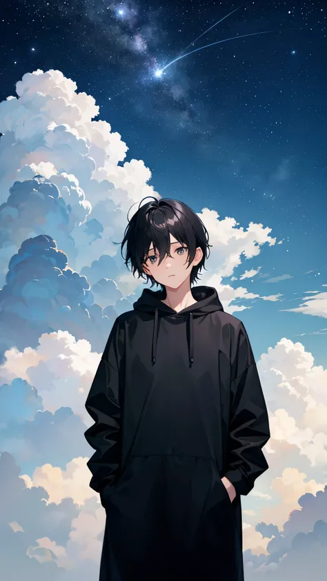 Boy in a black sweatshirt, straight hair loose in the wind, moving details, looking at the sky. Starry blue sky, urban ground background. Anime style, cinematic, low angle, 4k, illustration, sharp outline, particles, detail, art 