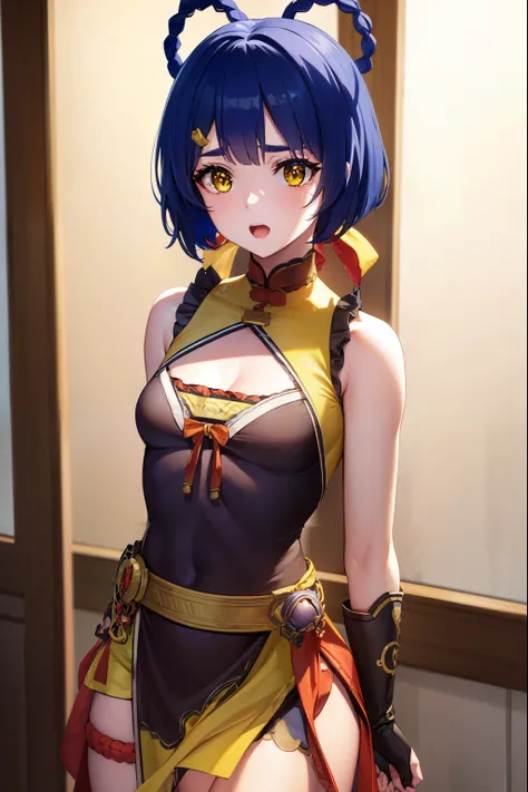 genshinxiangling, xiangling, blue hair, braid, braided hair rings, hair ornament, hair rings, hairclip, (yellow eyes:1.5), (small breasts:1.2), open mouth,
BREAK arm strap, bare shoulders, bell, belt, black footwear, black gloves, boots, brown belt, cleava...