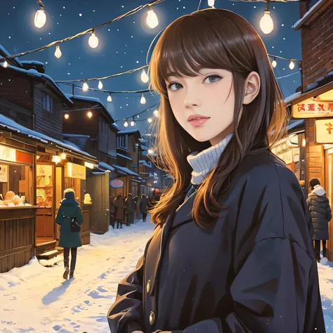 illustration style、ukiyo-e、昭和anime、anime、Woman facing this way、Japanese、Shinkai Makoto style、The season is winter、tokyo at night、 (highest quality, Super detailed, portrait, Natural light)