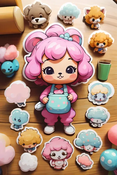 a sticker，many character, little dog，Toy poodle, cotton candy, simple backgound，Cartoon Cute，funny style, chibi style, high detailed, highest quality, masterpiece, 