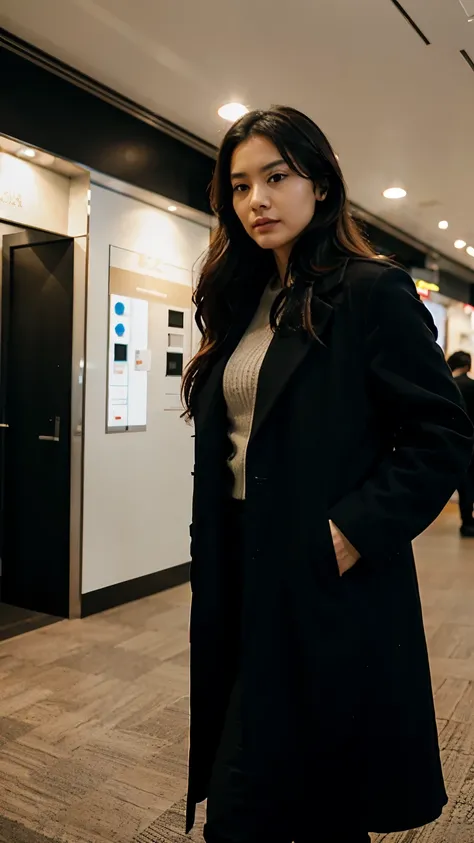 30 years old Hong Kong woman walking in exhibition hall, busy, black winter overcoat, beautiful body, beautiful face, full body, black long hair, realistic face, realistic skin, realistic fingers, wide angle photo