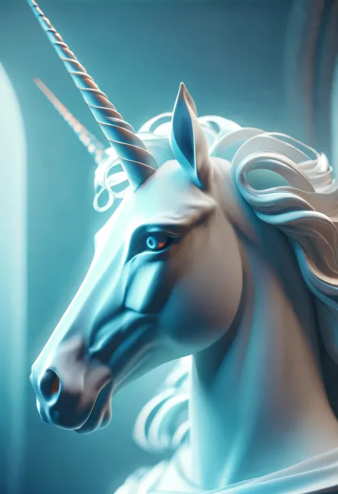 letterpress printing style,,Stylish photography style, 3D rendering of Greek unicorn with white body and blue horn. mystery, ethereal, elegant, noble,,A beautiful painting by wlop,Modern art,Magical Realism,dreamlike realism,Imagined,ethereal, by Tammy Boh...