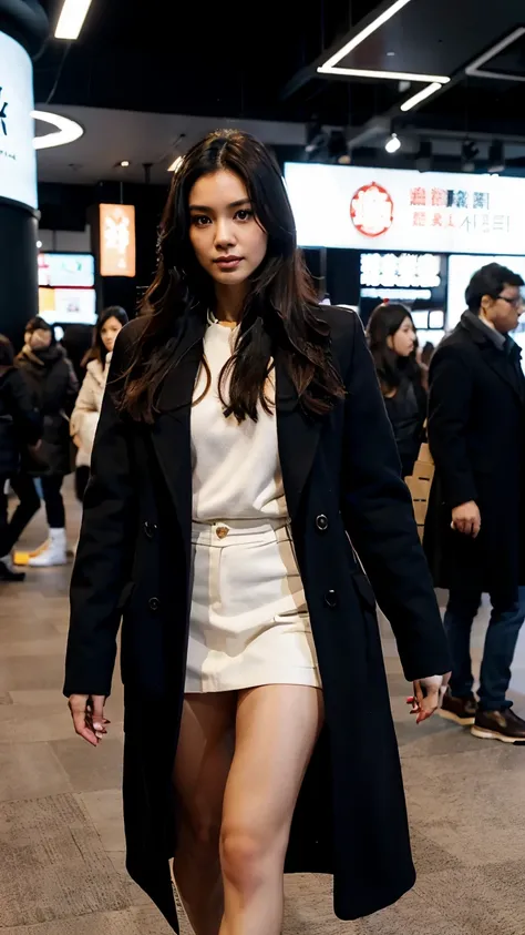 30 years old Hong Kong woman walking in exhibition hall, busy, black winter overcoat, beautiful body, beautiful face, full body, black long hair, realistic face, realistic skin, realistic fingers, wide angle photo