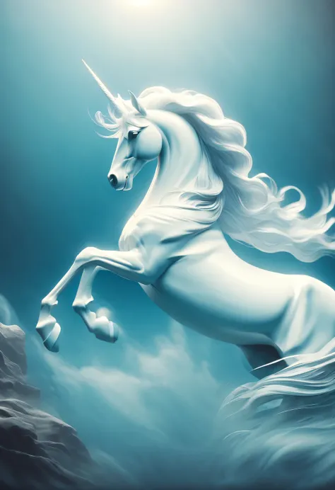 letterpress printing style,,Stylish photography style, 3D rendering of Greek unicorn with white body and blue horn. mystery, ethereal, elegant, noble,,A beautiful painting by wlop,Modern art,Magical Realism,dreamlike realism,Imagined,ethereal, by Tammy Boh...