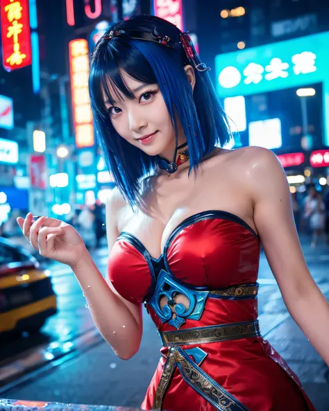 beautiful japanese woman,detailed beautiful eyes,sexy ceramic dress,Red china clothes,sleeveless,slit,Beautiful legs with attention to detail,long dress,complex colored blue hair,gentle smile,short hair,(cyberpunk city:1.3),Kongonsi, water,Cast Magic, cast...